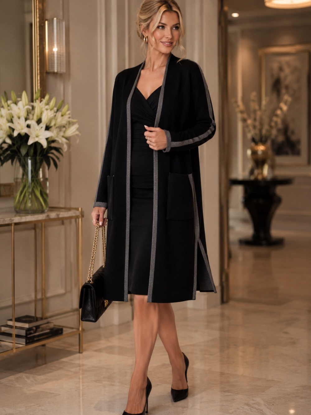 New Tahari Black and Gray Trench Coat cachemire 5% , viscose 40% M